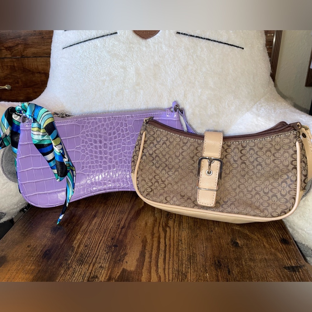 Shoulder Handbag Duo. JW Pei Purple Croc + Unbranded Patterned w/Buckle + scarf